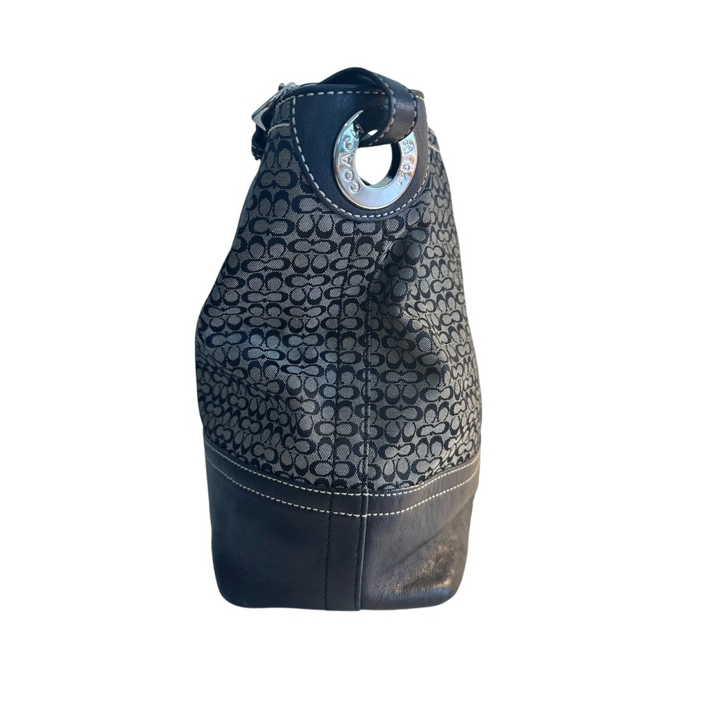 Coach F11666 Signature Jacquard Hobo Shoulder Bag Black Grey Leather Trim - Picture 6 of 16